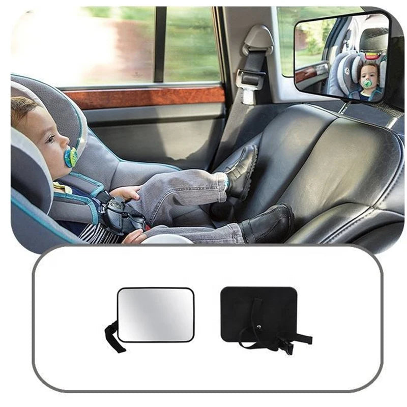 Adjustable wide car rear seat view mirror for baby/child safety monitoring.