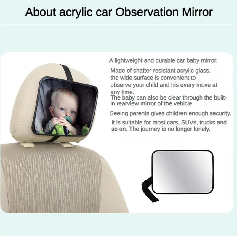 Adjustable wide car rear seat view mirror for baby/child safety monitoring.